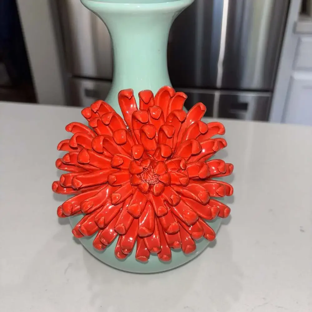 Anthropologie Celadon Blue Ceramic Vase with 3D Red Chrysanthemum Flower